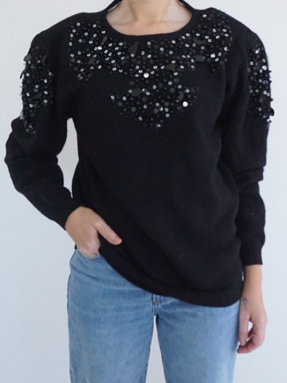 Vintage Shannan Black Beaded Sequin Knit Sweater Lambswool Angora Blend L